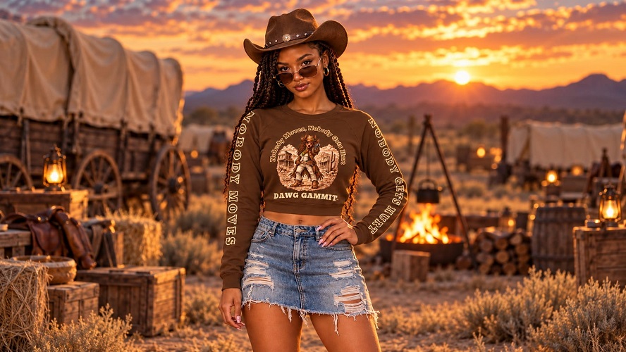 DAWG GAMMIT model in a cowboy hat wearing the brown Poodle long-sleeve crop top and a denim skirt at a Western camp at sunset